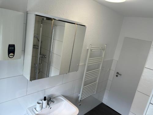 a white bathroom with a sink and a mirror at Greenview Apartment Trier - 3 beds 2 bedrooms in Trier