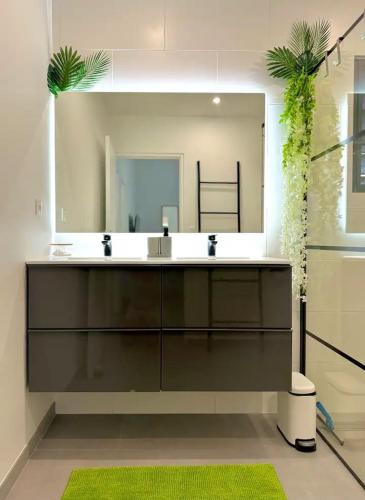 a bathroom with a sink and a large mirror at Les Jardins d'Oklm in Orient Bay