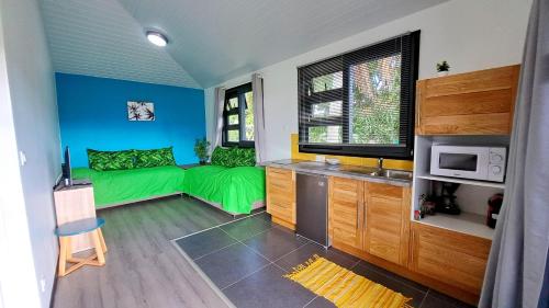 a room with a green bed and a television at TAHITI - Mango Lodge Moana in Papara