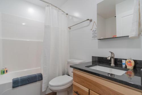 a white bathroom with a toilet and a sink at The Pet Friendly Executive Northernwind Suite 1.0 in Fairbanks