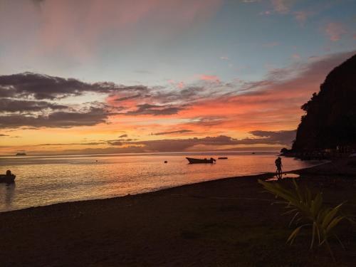a person standing on the beach at sunset at Rainbow Heights Apartment, Soufriere in Soufrière