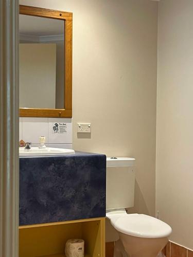 a bathroom with a sink and a toilet and a mirror at Bushland Beach Tavern in Townsville