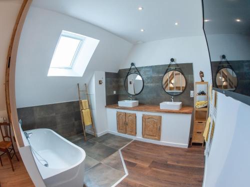 a bathroom with two mirrors and a sink and a tub at Gîte spacieux à Happonvilliers avec jardin privatif, accueil jusqu'à 14 personnes, animaux admis - FR-1-581-139 in Happonvilliers