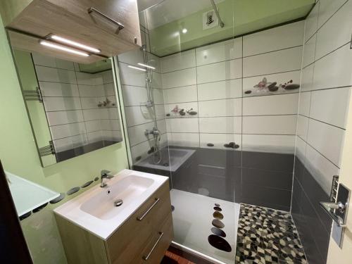 une salle de bain avec un lavabo, une baignoire et une douche dans l'établissement Duplex moderne avec balcon, proche pistes, 2 chambres - FR-1-787-77, à Laveissière