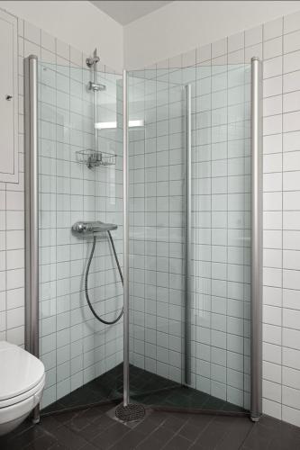 a bathroom with a shower and a toilet at Tjuvholmen - ved Aker Brygge in Oslo