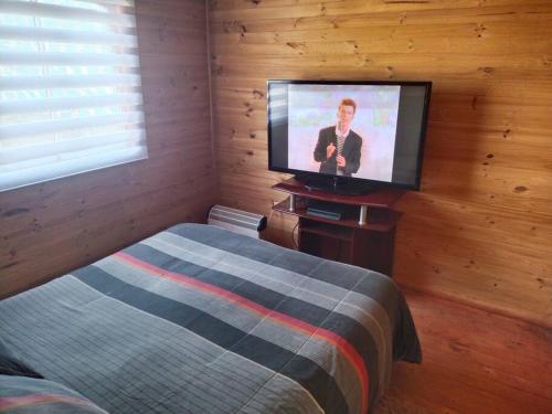 a bedroom with a flat screen tv on a wooden wall at Una cómoda Cabaña para descansar in Tinguiririca