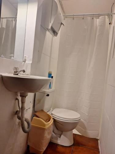 a bathroom with a white toilet and a sink at Hotel La Xinca in Antigua Guatemala