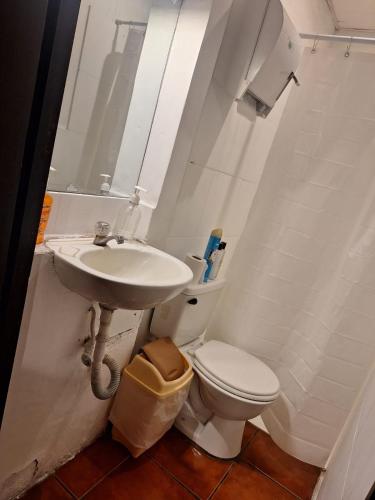 a bathroom with a white toilet and a sink at Hotel La Xinca in Antigua Guatemala