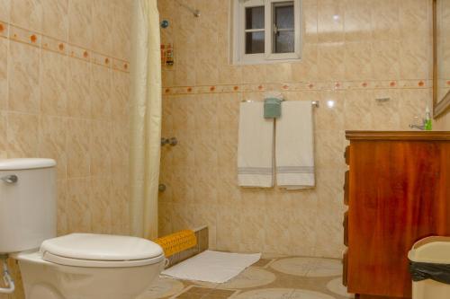 a bathroom with a white toilet and a sink at Veronica Homestay Lucea Jamaica in Lucea