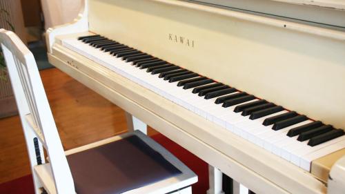 a white piano sitting next to a chair at Business Hotel Furusato in Ibusuki