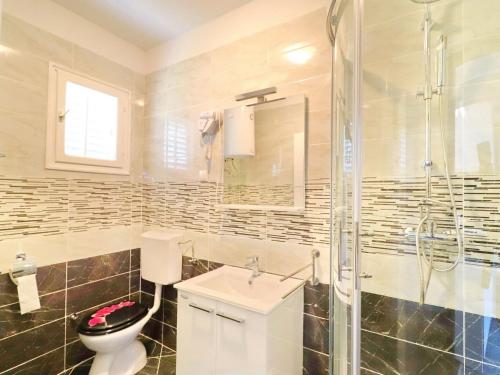a bathroom with a toilet and a sink and a shower at Apartment Marjana Prizba with terrace in Prizba