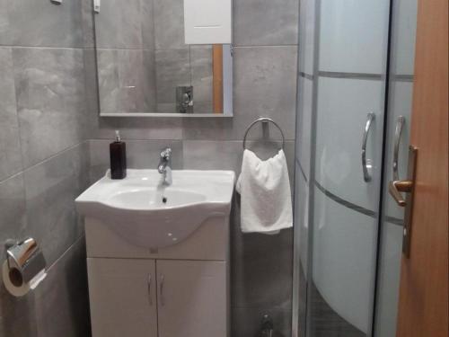 a bathroom with a sink and a mirror and a shower at Villa Nika-Five Bedroom Villa with Pool in Mlini