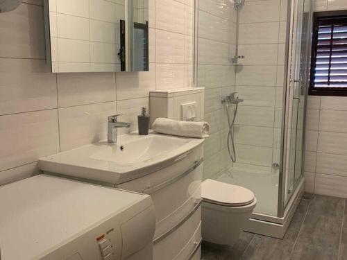 a bathroom with a sink and a toilet and a shower at Apartments Nives - Three Bedroom Apartment with Terrace and Sea View in Smokvica