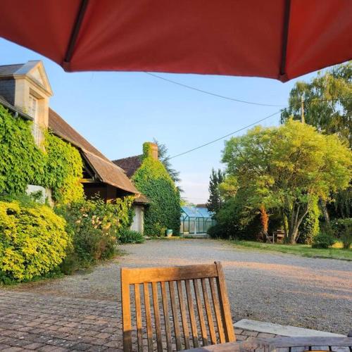 a wooden bench sitting under a red umbrella at Petit Chalet romantique en normandie in Le Pin-au-Haras