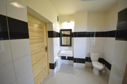 a bathroom with a toilet and a sink at Solna Chata-dom na wyłączność Grota solna, balia, sauna, basen in Rajcza