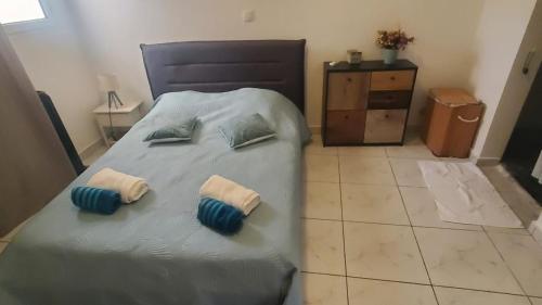 a bedroom with a bed with two pillows on it at L'Emeraude in Saint-Pierre