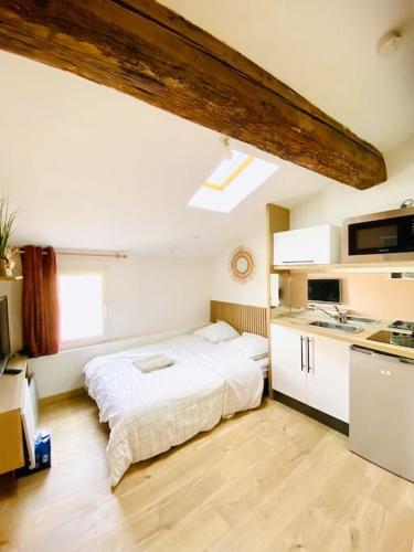 une chambre avec un lit et une cuisine dans l'établissement Tiny Flat - Coeur de ville studio sous les toits, à Nîmes