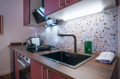 une cuisine avec un évier et un plan de travail dans l'établissement Le Terra Rosa - Un séjour tout en douceur - WIFI, à Châteauroux