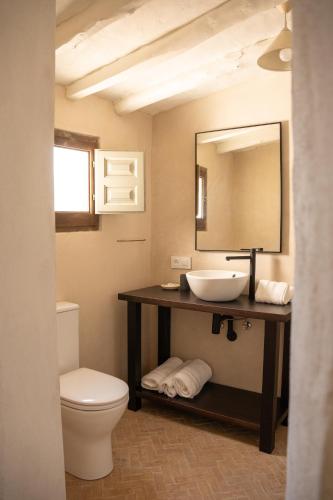 a bathroom with a sink and a toilet and a mirror at Finca Luca Oliva in Zahara de la Sierra