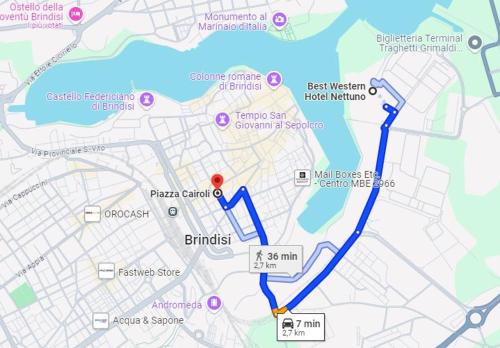 a map of a city with a blue line at Best Western Hotel Nettuno in Brindisi