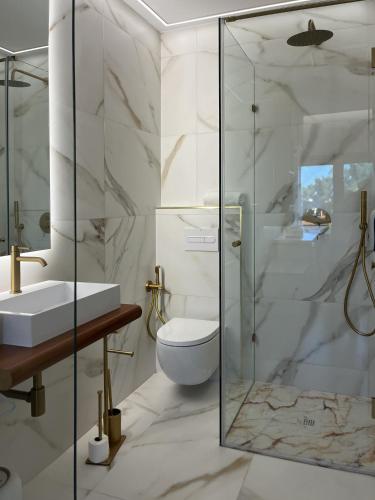 a bathroom with a toilet and a glass shower at Hotel Boutique Mirasierra in Villacañas