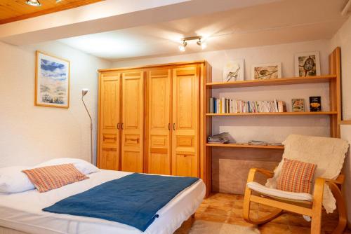 - une chambre avec un lit, une chaise et une étagère dans l'établissement Gite pratlong, à Saint-Pierre-des-Tripiers