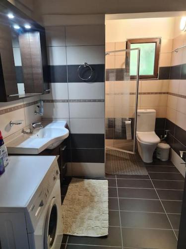 a bathroom with a sink and a washing machine at Dragonera Traditional House in Episkopí