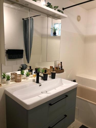 une salle de bain avec un lavabo blanc et une douche dans l'établissement Appartement Vue Mer 75 m2, à Saint-Raphaël