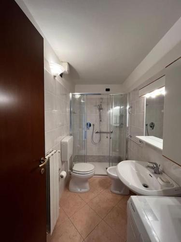 a bathroom with a shower and a toilet and a sink at Casetta bella vista in Aviatico
