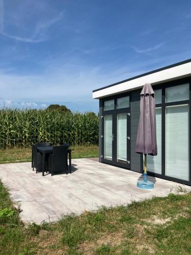 a house with a patio and an umbrella at Boerenlodge in Bruchterveld