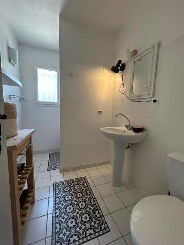 une salle de bain blanche avec un lavabo et des toilettes dans l'établissement Maison 3ch - Parc Naturel du Verdon, à Quinson