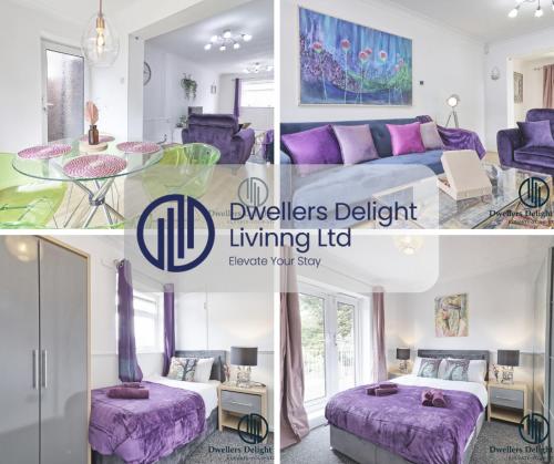 a collage of four pictures of a living room at Purple Velvet - 2 Bed Home Spacious - Basildon Essex Upto 5 Guests, Free Wifi , Free Parking in Basildon