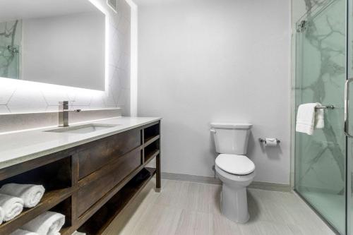 a bathroom with a toilet and a sink and a shower at Comfort Suites in Mount Vernon