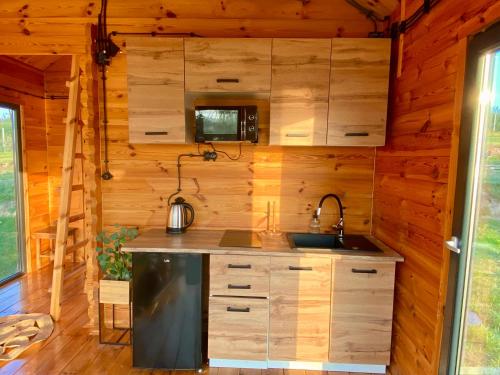 a kitchen in a log cabin with a sink at Uroczy zakątek in Silice