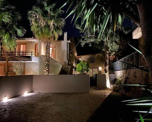 a home at night with palm trees and lights at Villa G in Anavissos