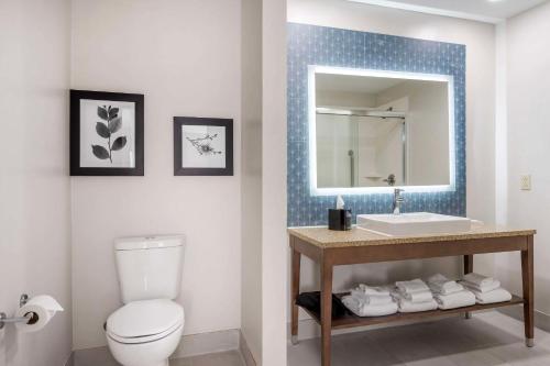 a bathroom with a toilet and a sink and a mirror at Country Inn & Suites by Radisson, Dayton South, OH in Dayton