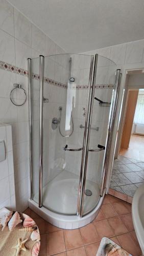 un bagno con doccia e vasca da bagno di Eichhörnchen-Haus Körner im Schwarzwald a Peterzell