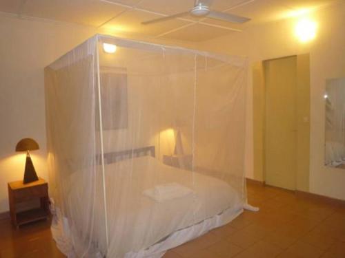 um quarto com uma cama coberta com um véu de plástico em Villa Yiri Suma em Ouagadougou