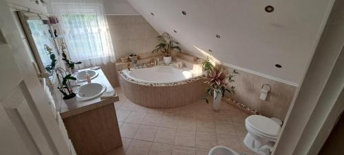 a bathroom with a large tub and a toilet and a sink at Shining Home in Felsőörs