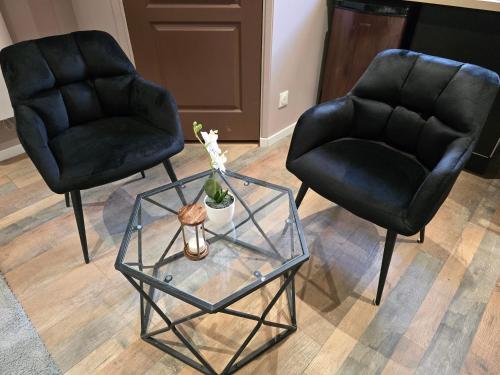 two black leather chairs and a glass table with a vase at Appartement Chambre Cosy - Jacuzzi - Little Room Vendôme in Vendôme