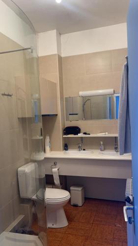 une salle de bain avec toilettes, lavabo et miroir dans l'établissement Charming flat Arc de Triomphe, à Paris