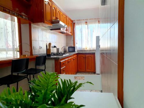 ロス・アブリゴスにあるSeaside Whale Apartments WIFI 1Dのキッチン(木製キャビネット、黒い椅子付)