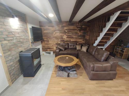 a living room with a leather couch and a tv at Brvnare Golo Brdo in Mokra Gora