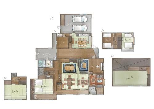 a drawing of a floor plan of a house at Retreat KOBAYASHILegendary 102-Year-Old Whole House in Kurashiki11LLDDK倉敷の宿Retreat KOBAYASHI 1棟貸切 1日1組限定 11LLDDK 520平米 102年前の伝説の建物 瀬戸内芸術祭2025 直島 美観地区 最大10名 駐車場3台 ベッド8台 in Kurashiki