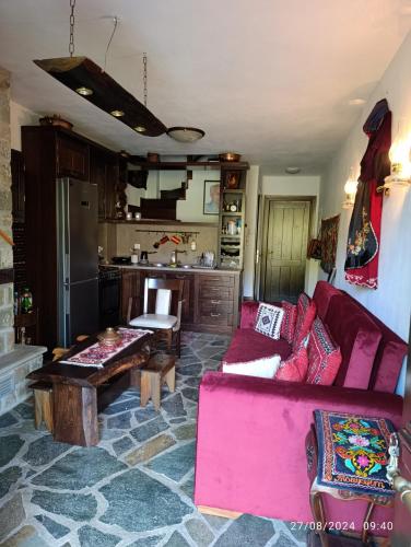 a living room with a pink couch and a kitchen at Αρχοντικό Βαρσάνη ! in Anilio Metsovo