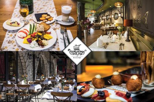 a collage of three pictures of a restaurant with food at Norweska Dolina Family&Pet-friendly Resort in Szklarska Poręba