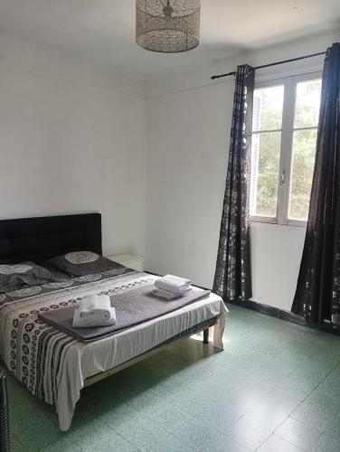 une chambre avec un lit et une grande fenêtre dans l'établissement Chambres chez l'habitant, à Ajaccio