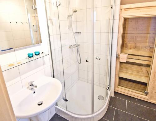 a bathroom with a shower and a sink at Ferienhaus Ostseetraum Langholz in Waabs