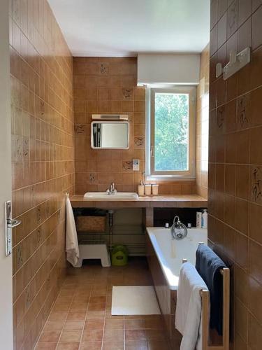 La salle de bains est pourvue d'un lavabo et d'un four micro-ondes. dans l'établissement Chavot la Bulle - Architect house in Champagne, à Chavot-Courcourt