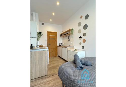 a room with a kitchen and a bed in a room at Birch Studio - Peaceful Retreat, 10 Minutes to Gdańsk Old Town & Seaside in Zaspa
